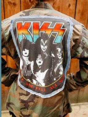 Upcycled Kiss Military Camo Jacket with Vintage Rainbow Logo Patch